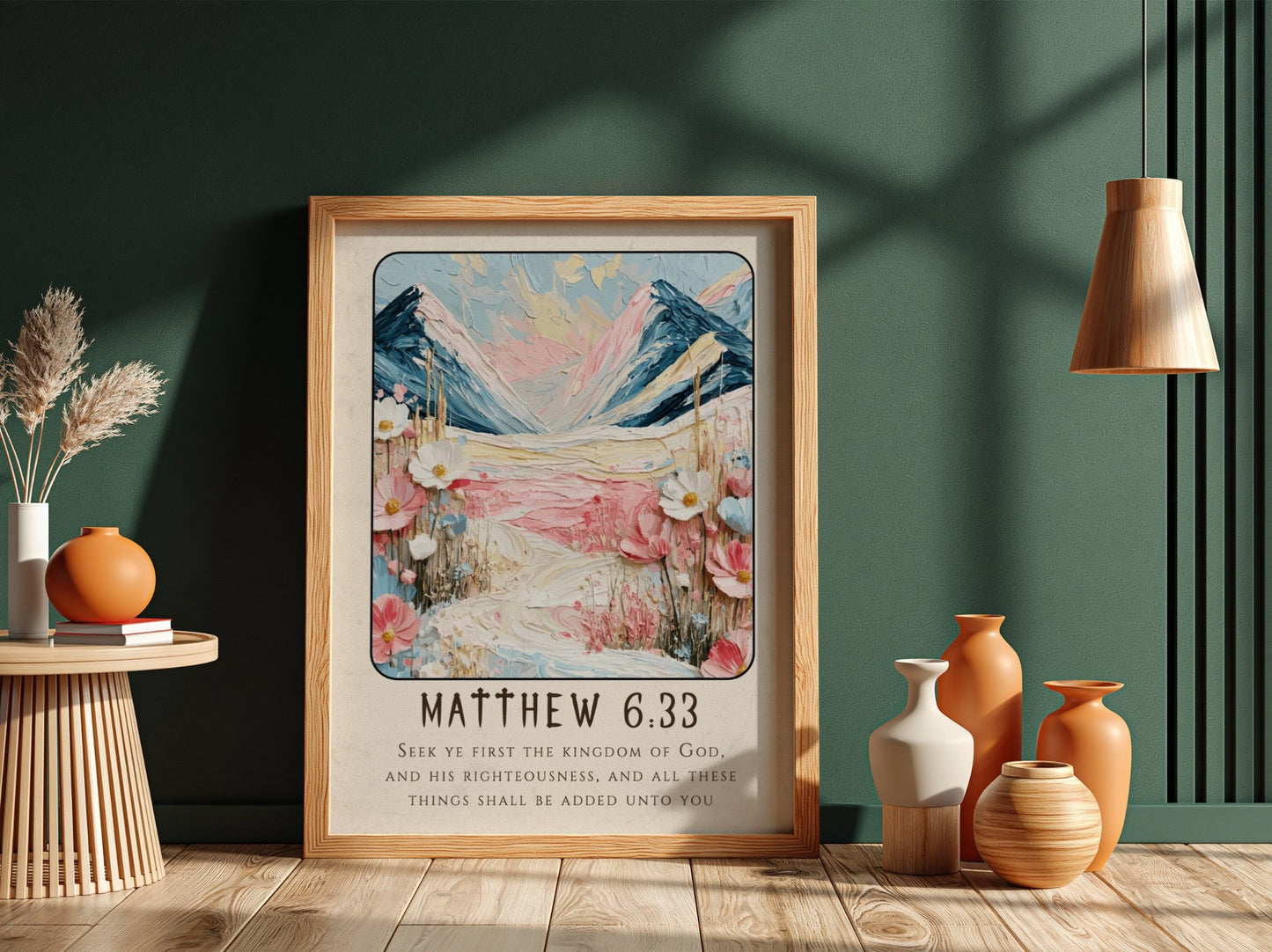 Matthew 6:33 poster featuring mountains and flowers in soft pastel colors, perfect for Christian wall art.