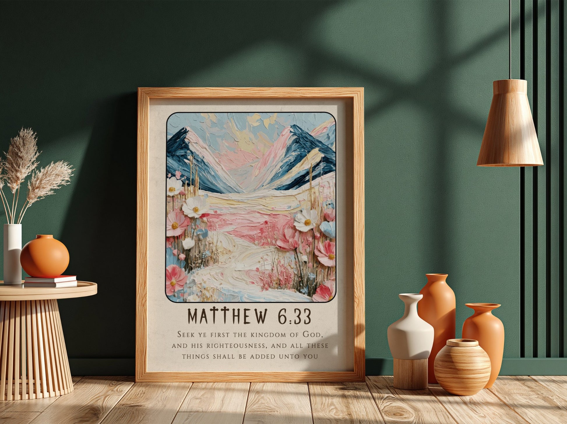 Matthew 6:33 poster featuring mountains and flowers in soft pastel colors, perfect for Christian wall art.