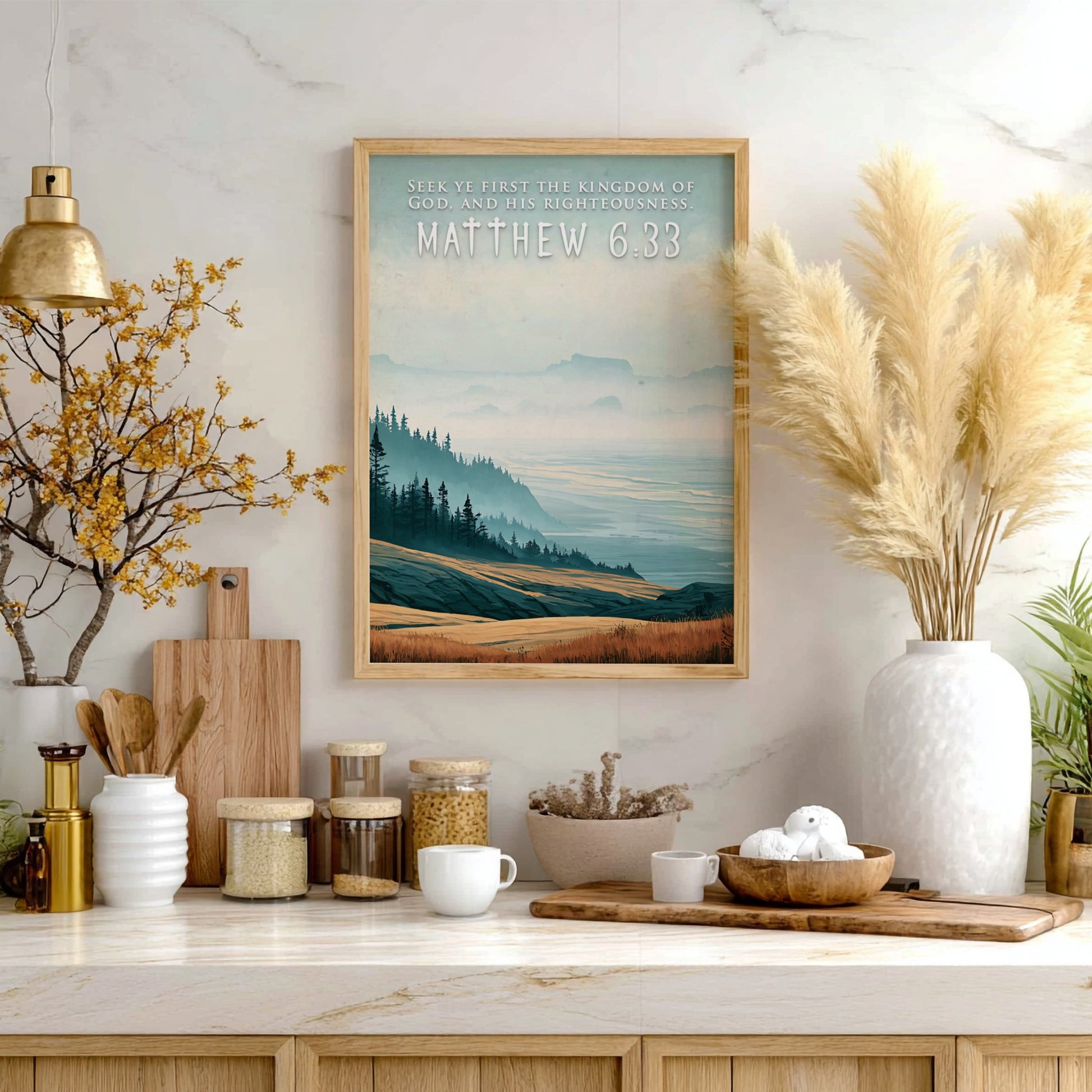 Poster featuring a mountain valley landscape with golden grass and misty blue hills.