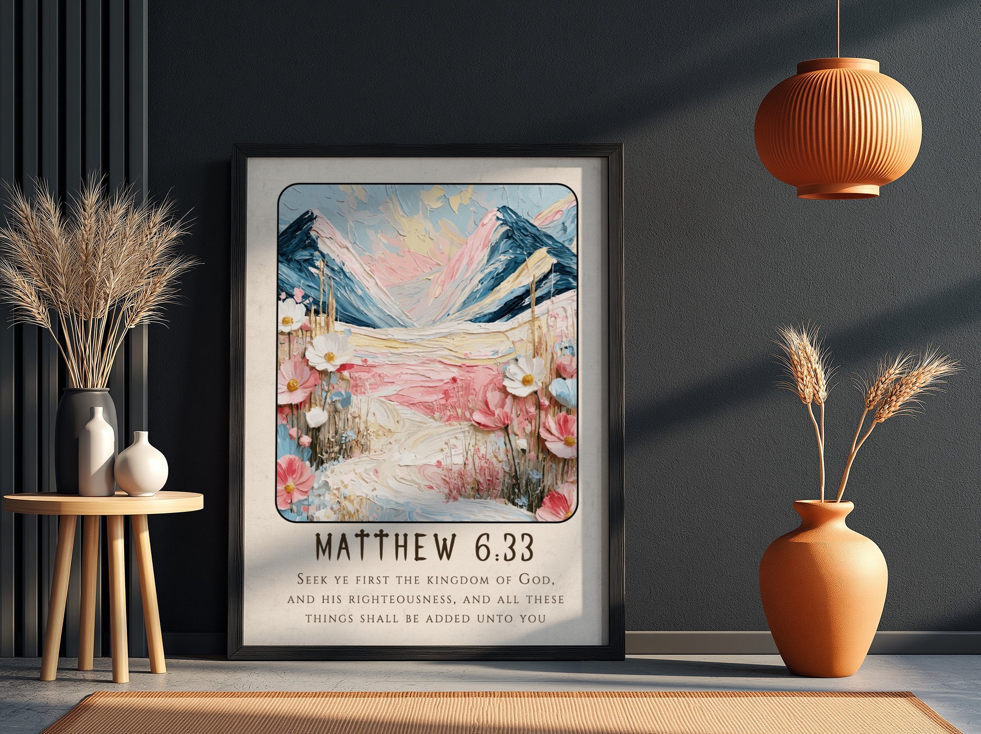 Matthew 6:33 poster featuring mountains and flowers in soft pastel colors, perfect for Christian wall art.