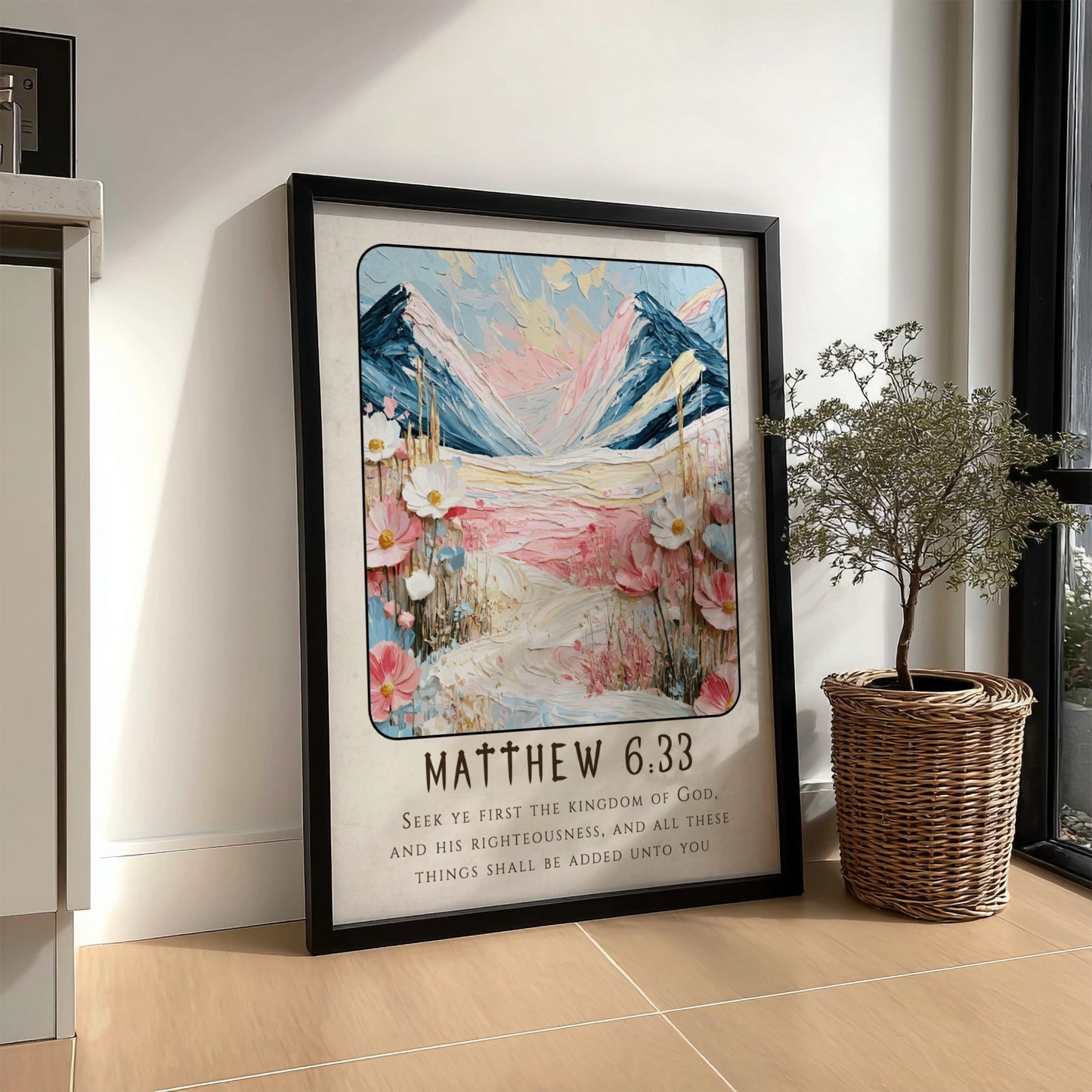 Matthew 6:33 poster featuring mountains and flowers in soft pastel colors, perfect for Christian wall art.