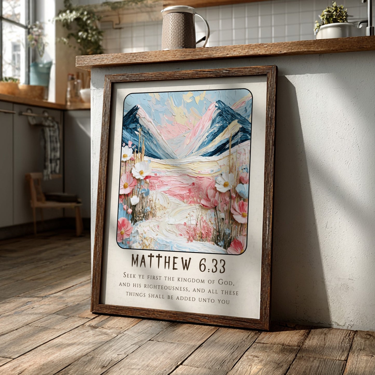 Matthew 6:33 poster featuring mountains and flowers in soft pastel colors, perfect for Christian wall art.