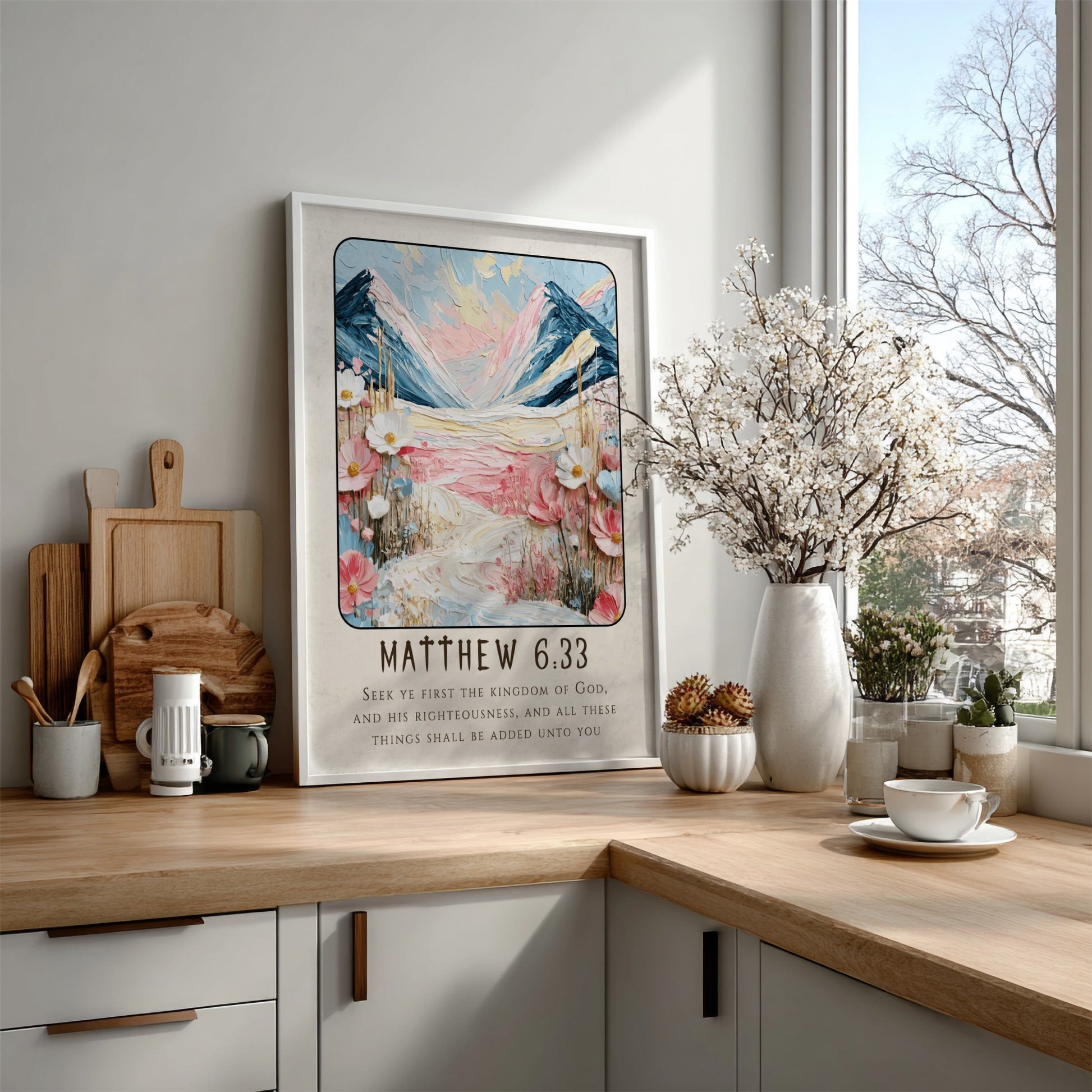 Matthew 6:33 poster featuring mountains and flowers in soft pastel colors, perfect for Christian wall art.