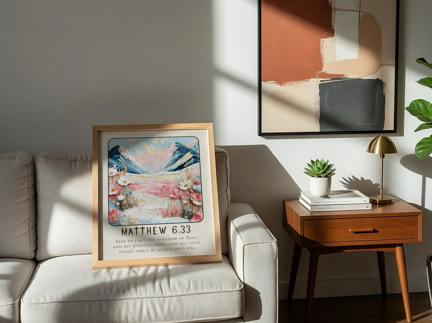 Matthew 6:33 poster featuring mountains and flowers in soft pastel colors, perfect for Christian wall art.