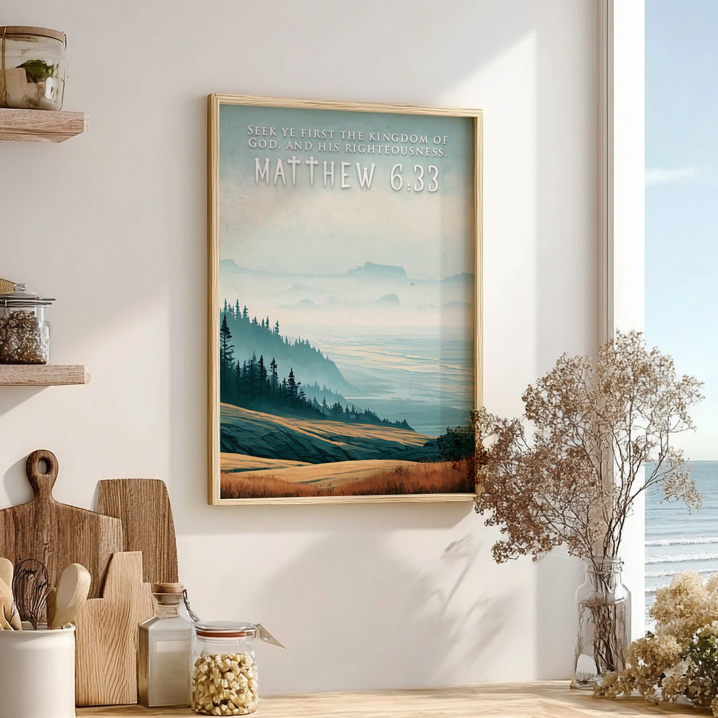 Poster featuring a mountain valley landscape with golden grass and misty blue hills.