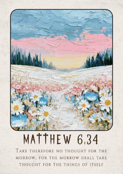 Matthew 6:34 poster featuring wildflowers and pastel colors, inspirational religion art for home decor