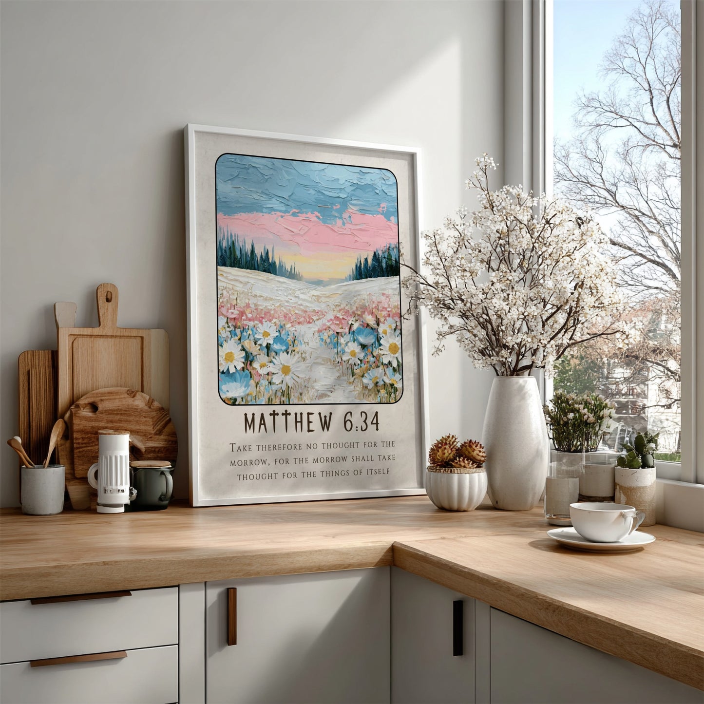 Matthew 6:34 poster featuring wildflowers and pastel colors, inspirational religion art for home decor