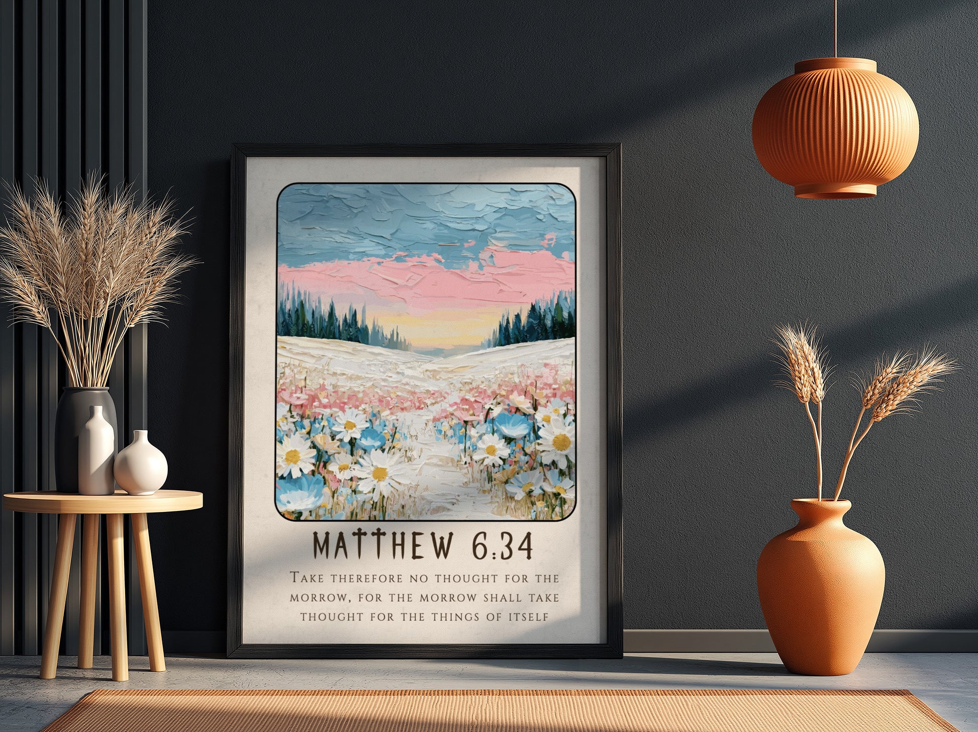 Matthew 6:34 poster featuring wildflowers and pastel colors, inspirational religion art for home decor