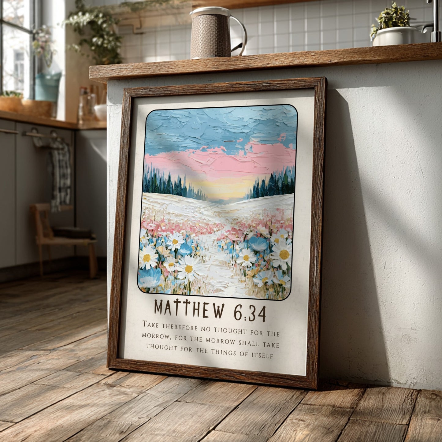 Matthew 6:34 poster featuring wildflowers and pastel colors, inspirational religion art for home decor