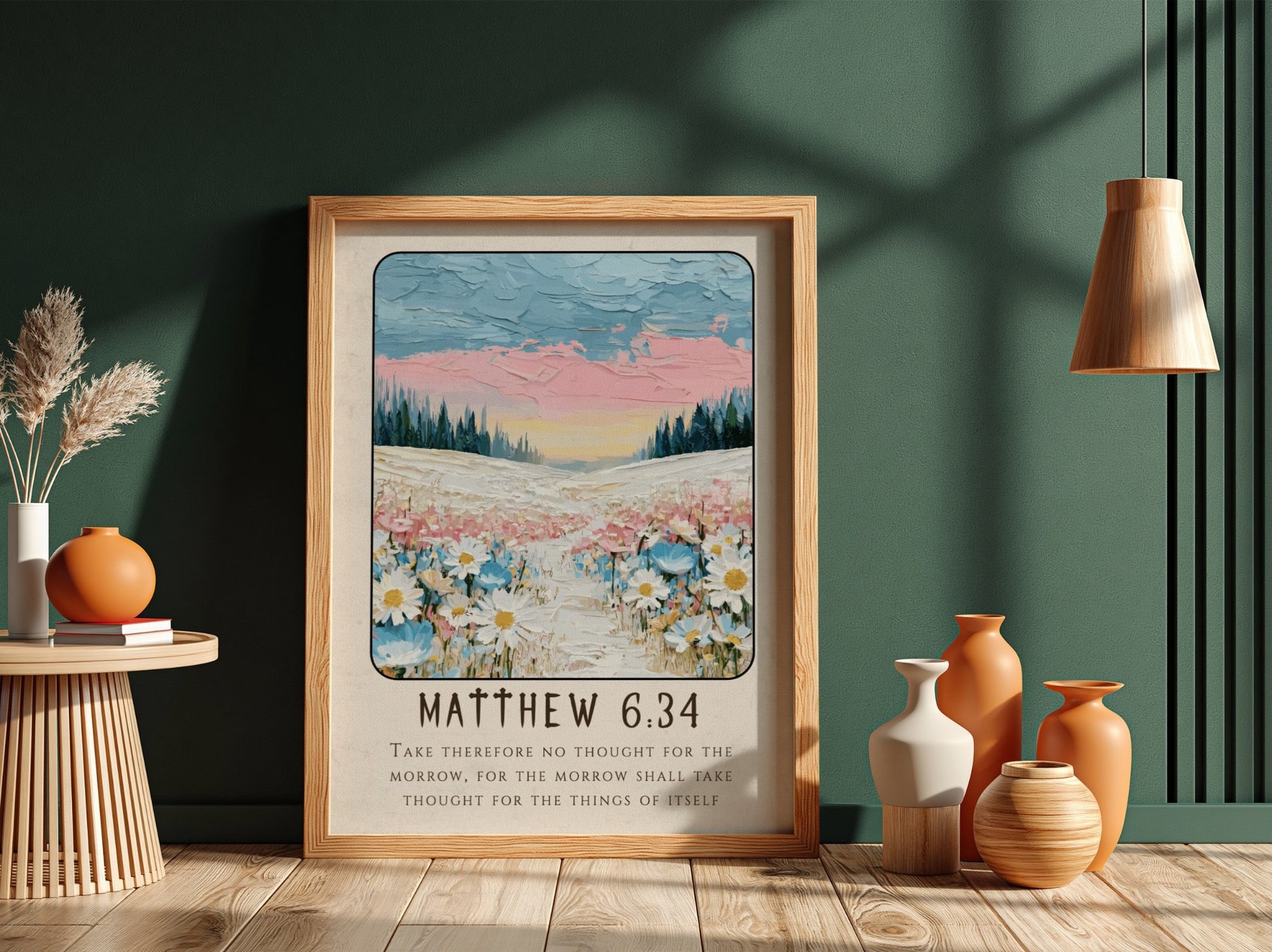 Matthew 6:34 poster featuring wildflowers and pastel colors, inspirational religion art for home decor