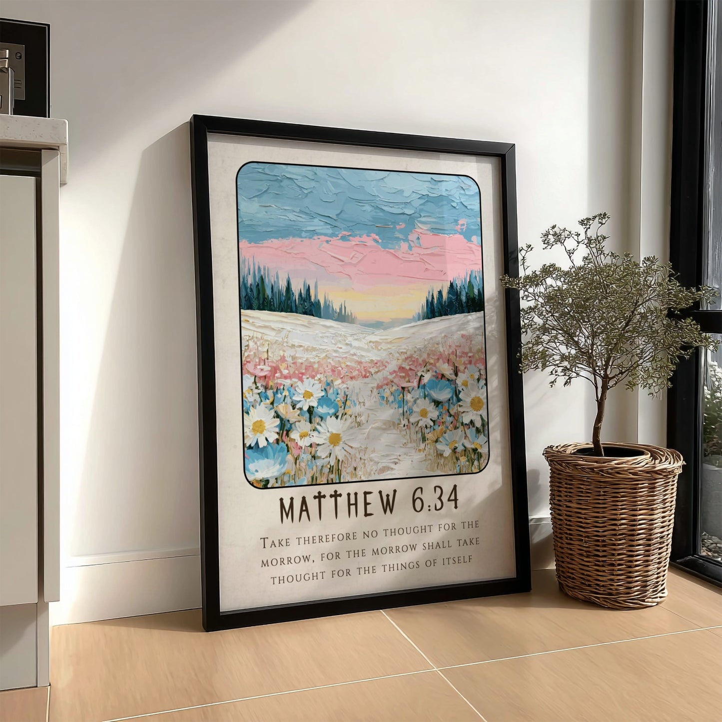 Matthew 6:34 poster featuring wildflowers and pastel colors, inspirational religion art for home decor