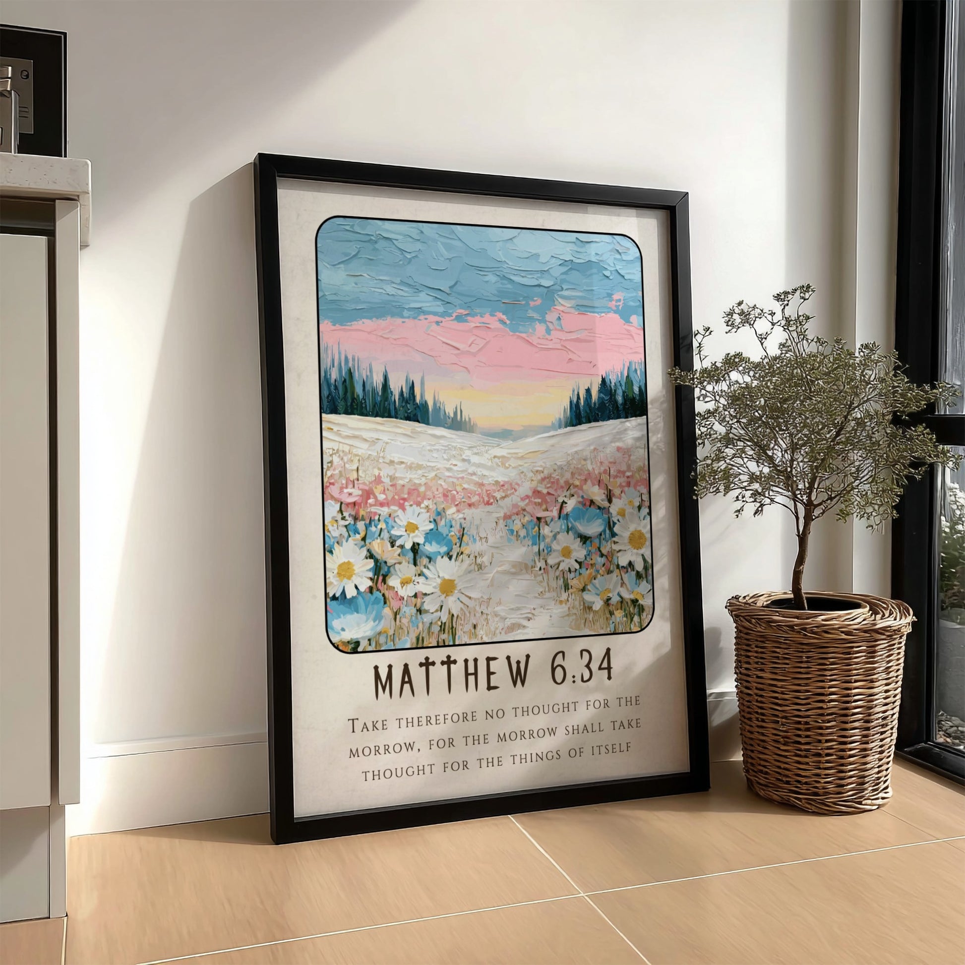 Matthew 6:34 poster featuring wildflowers and pastel colors, inspirational religion art for home decor