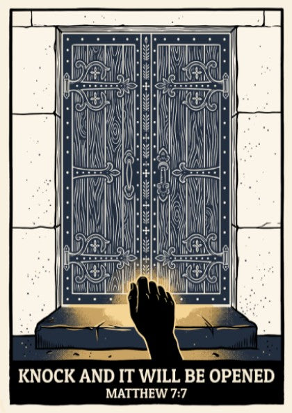 Poster featuring a hand knocking on dark blue wooden doors with glowing light