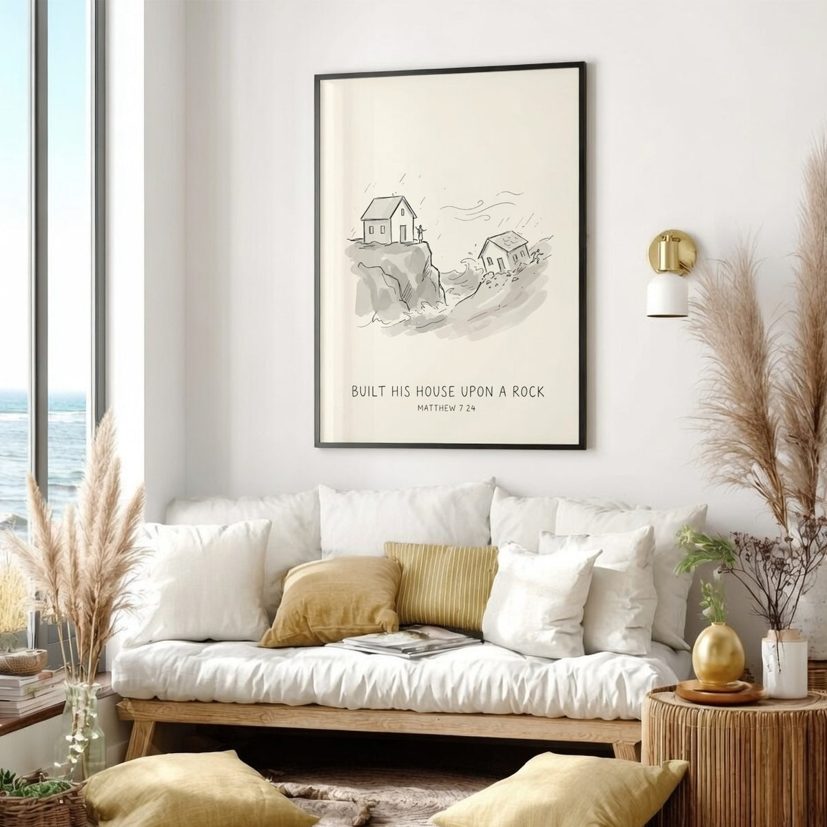 Poster featuring a minimalist line drawing of a house on a rock with text.