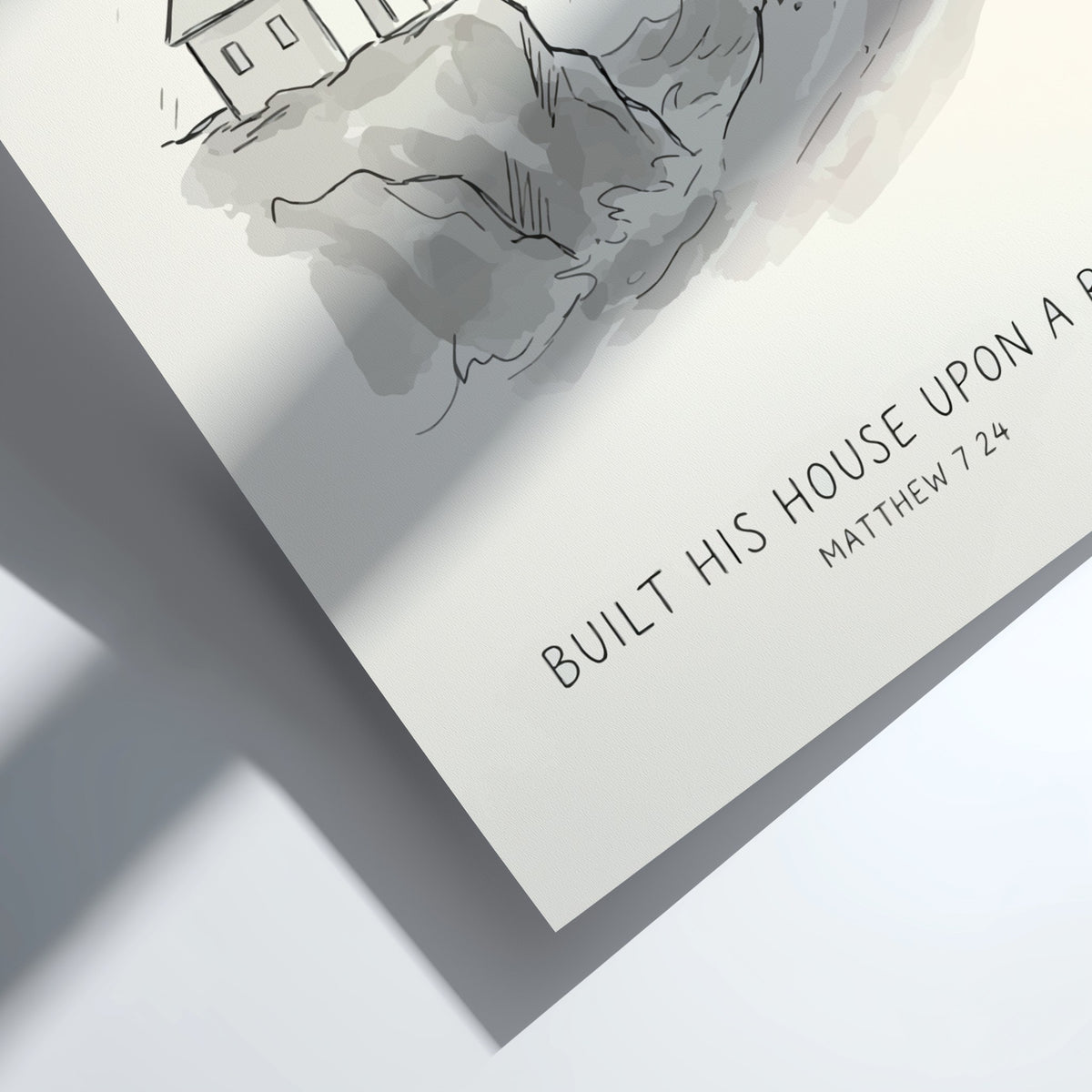 Poster featuring a minimalist line drawing of a house on a rock with text.