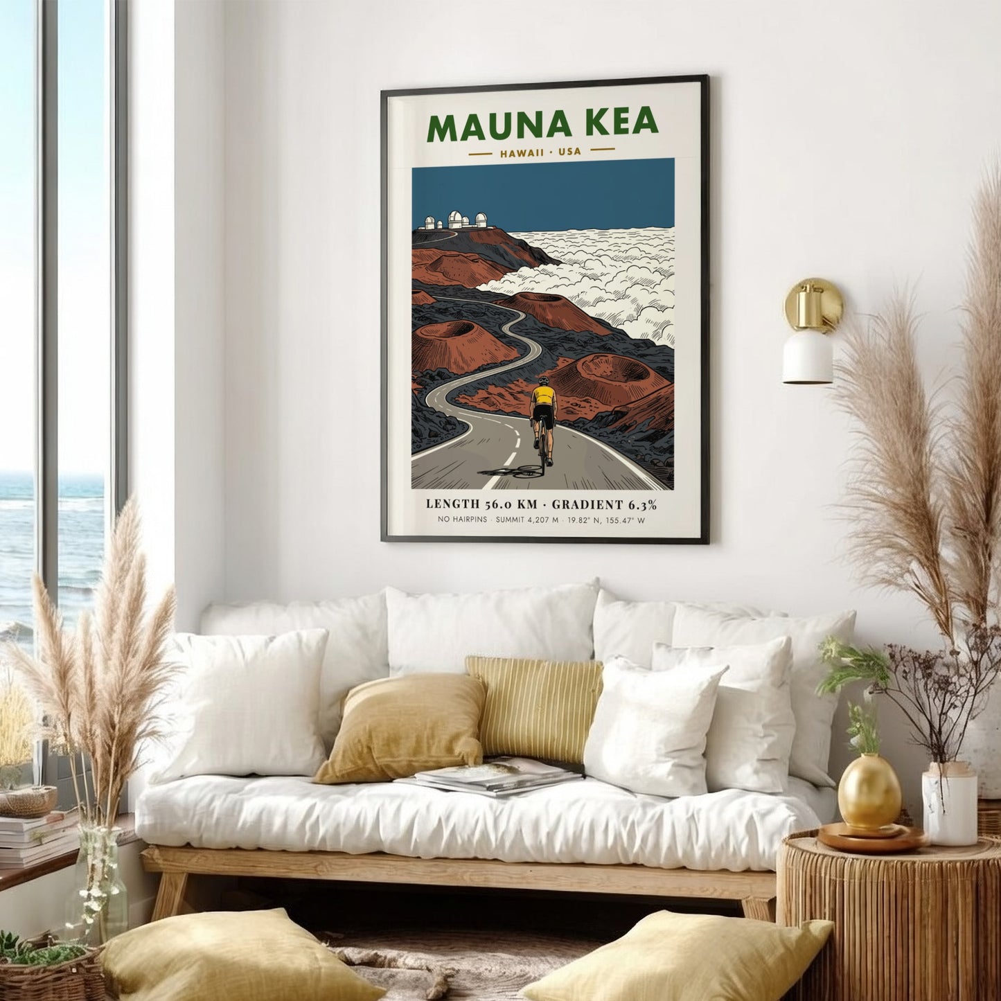 Poster of a cyclist climbing the winding Mauna Kea road toward mountain observatories.