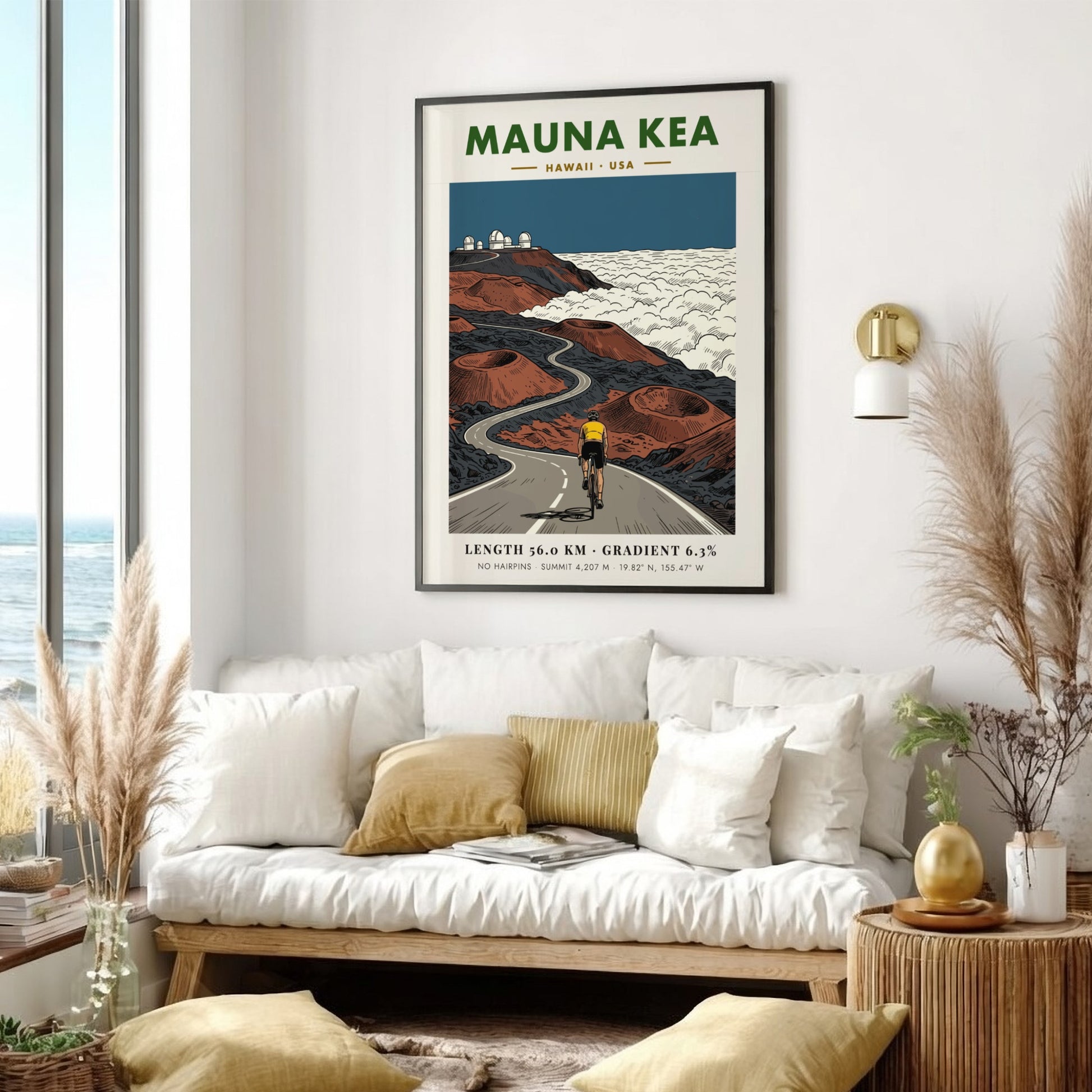 Poster of a cyclist climbing the winding Mauna Kea road toward mountain observatories.