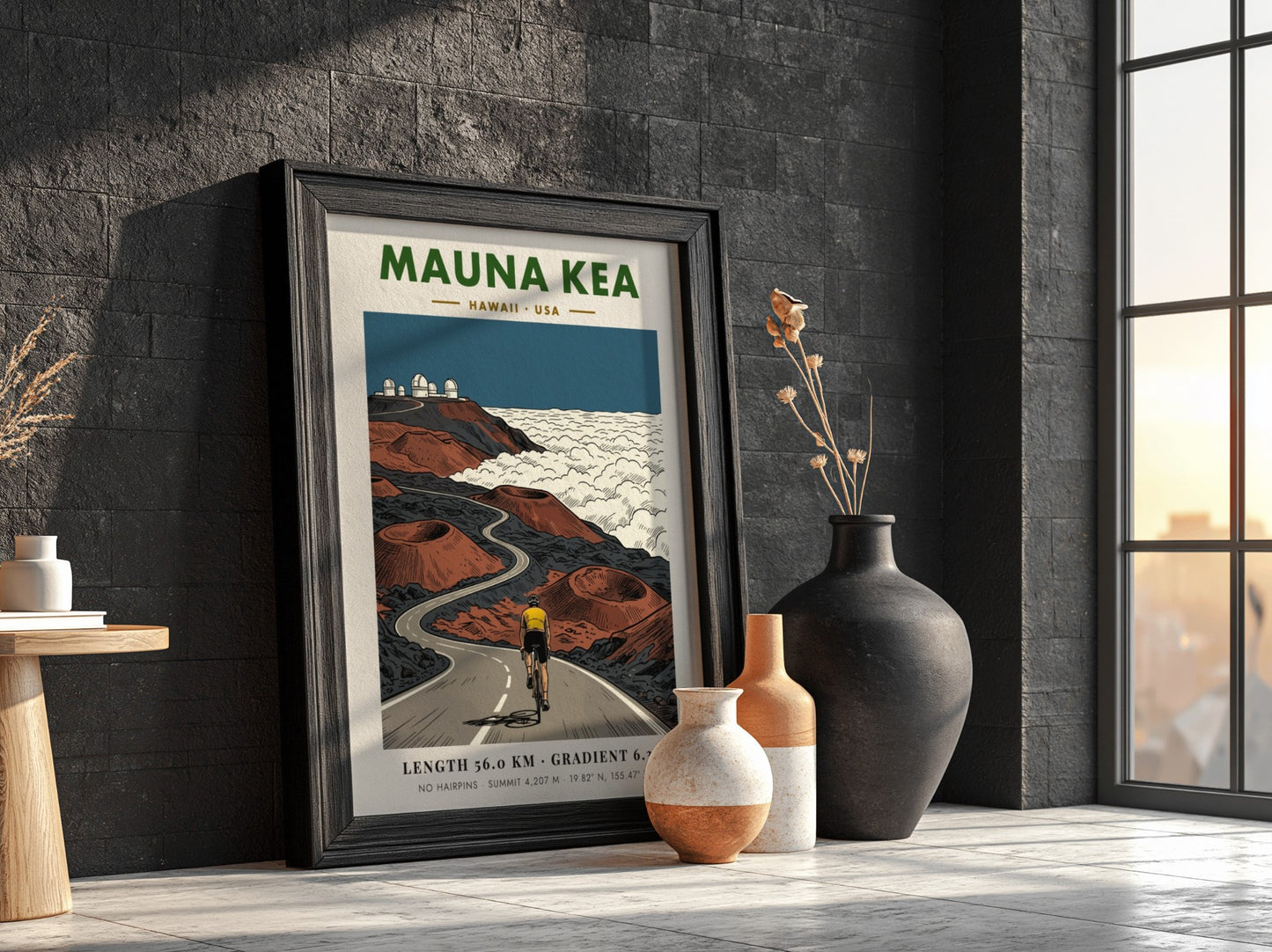 Poster of a cyclist climbing the winding Mauna Kea road toward mountain observatories.