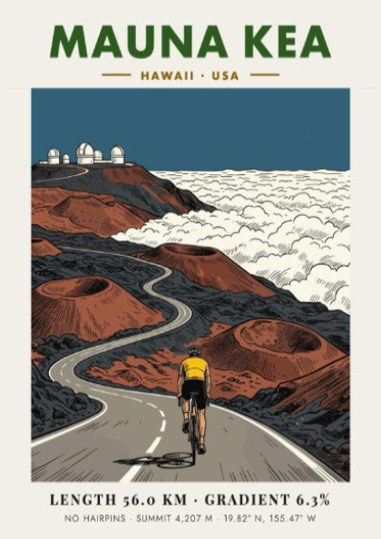 Poster of a cyclist climbing the winding Mauna Kea road toward mountain observatories.