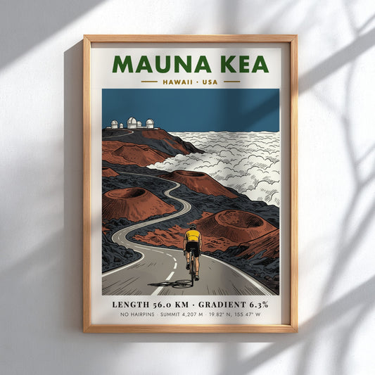 Poster of a cyclist climbing the winding Mauna Kea road toward mountain observatories.