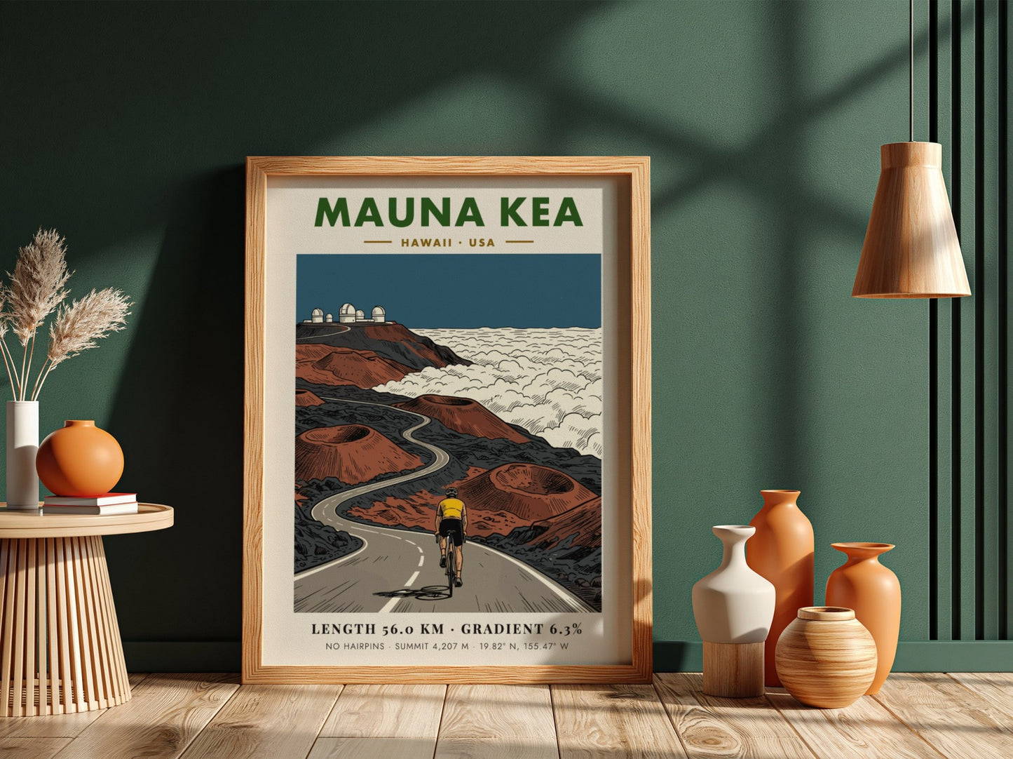 Poster of a cyclist climbing the winding Mauna Kea road toward mountain observatories.