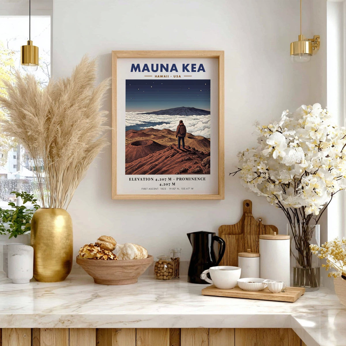 Poster of Mauna Kea in Hawaii showing a hiker looking at volcanic craters.