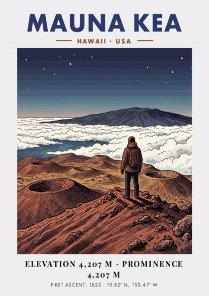 Poster of Mauna Kea in Hawaii showing a hiker looking at volcanic craters.