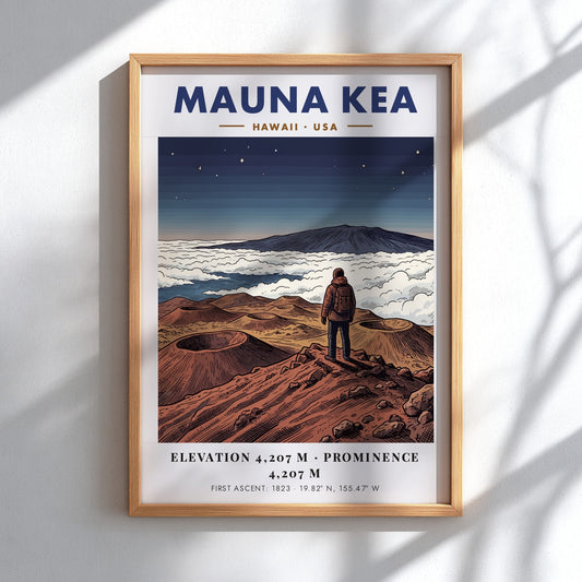 Poster of Mauna Kea in Hawaii showing a hiker looking at volcanic craters.