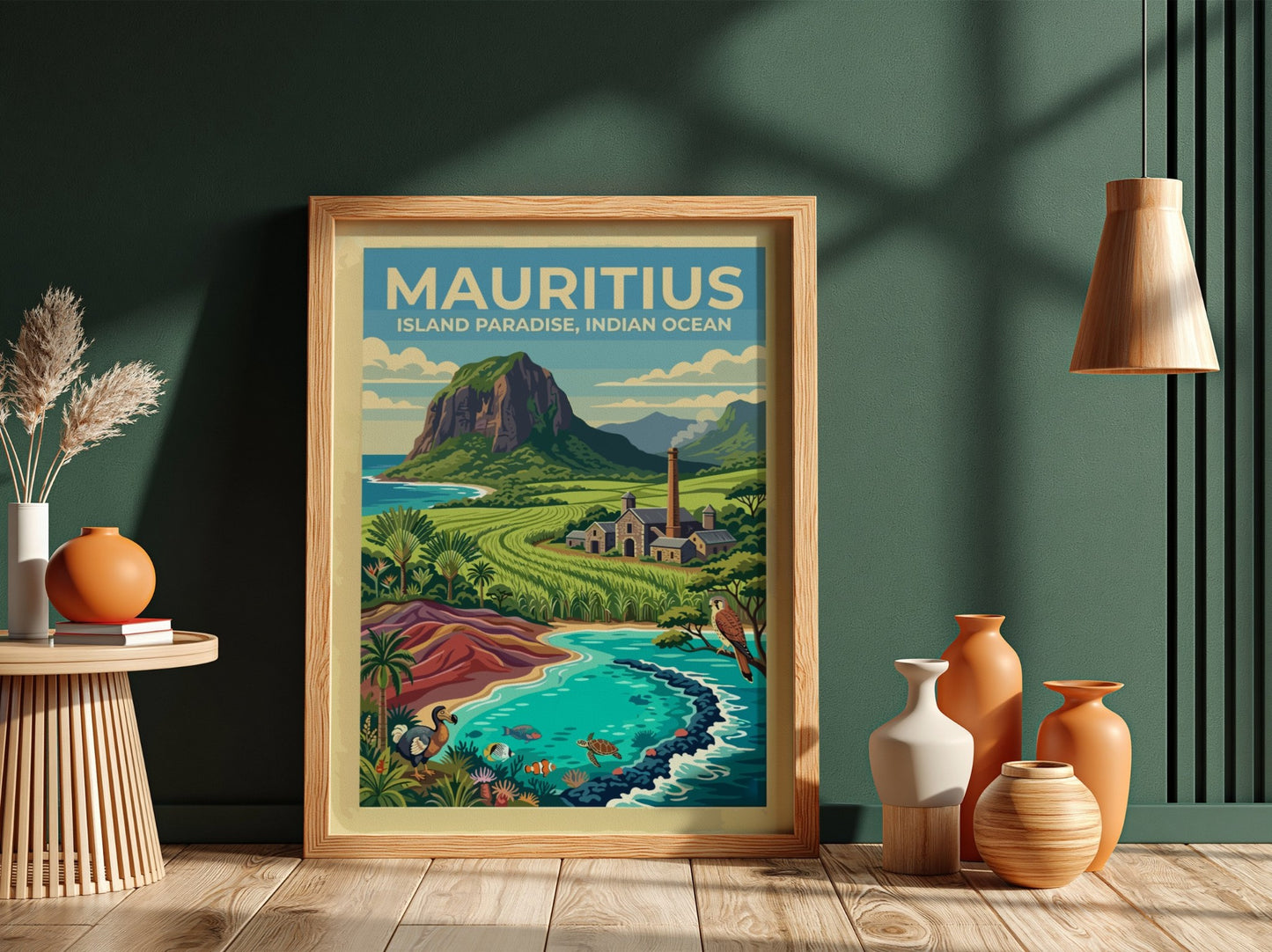 Travel poster of Mauritius featuring a mountain, sugarcane fields, dodo, and tropical ocean life.