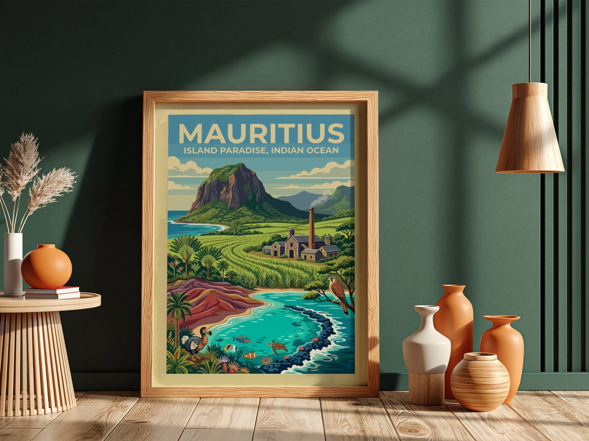 Travel poster of Mauritius featuring a mountain, sugarcane fields, dodo, and tropical ocean life.