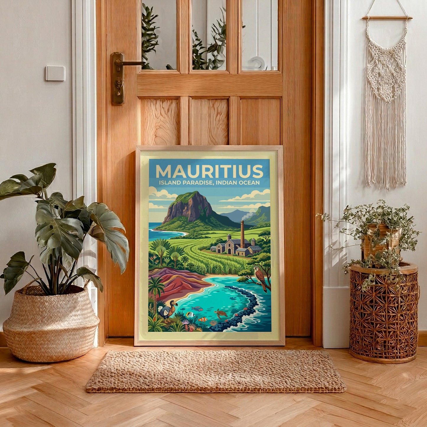 Travel poster of Mauritius featuring a mountain, sugarcane fields, dodo, and tropical ocean life.