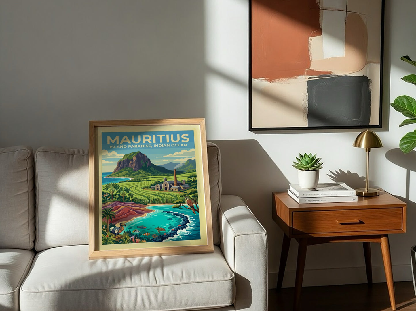 Travel poster of Mauritius featuring a mountain, sugarcane fields, dodo, and tropical ocean life.