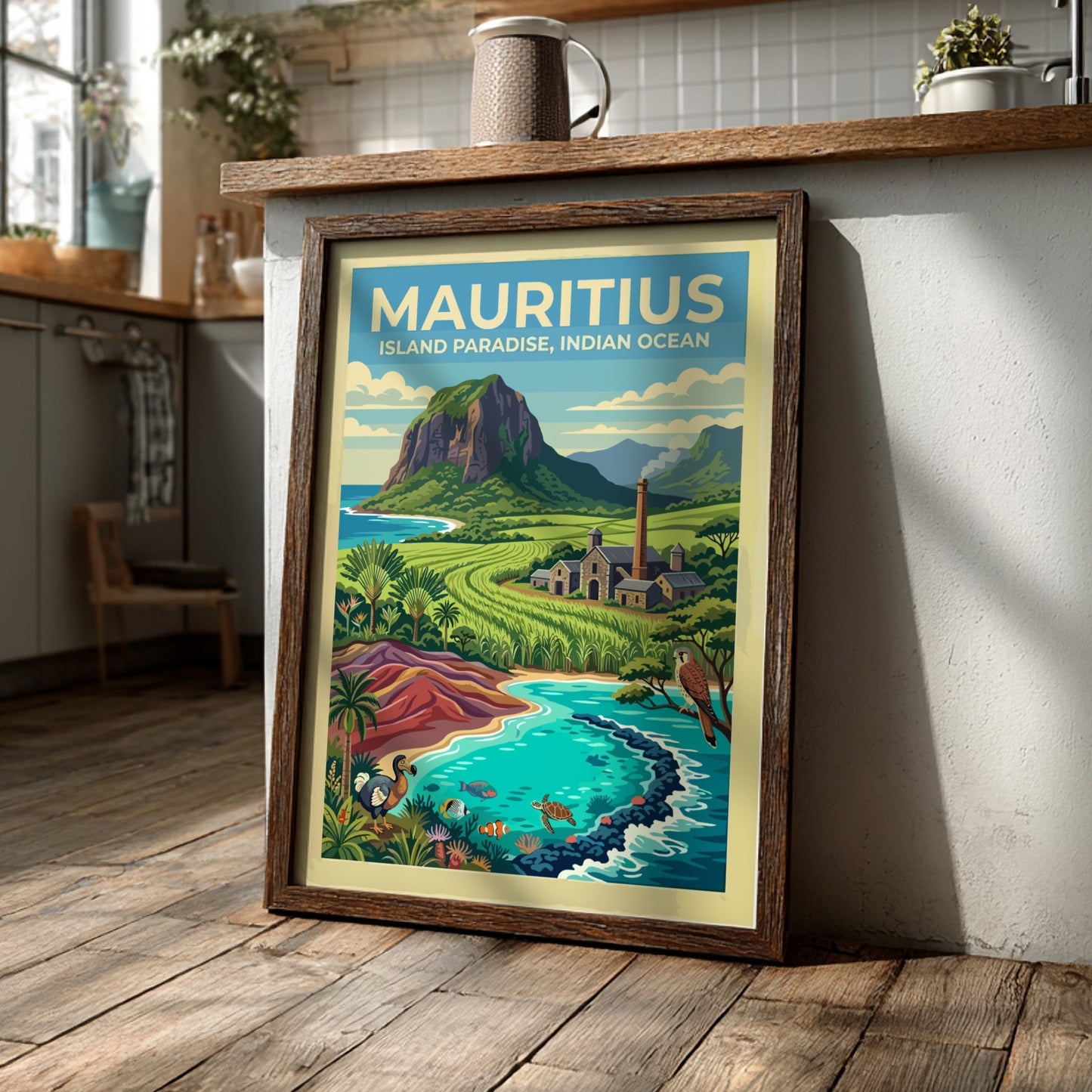 Travel poster of Mauritius featuring a mountain, sugarcane fields, dodo, and tropical ocean life.