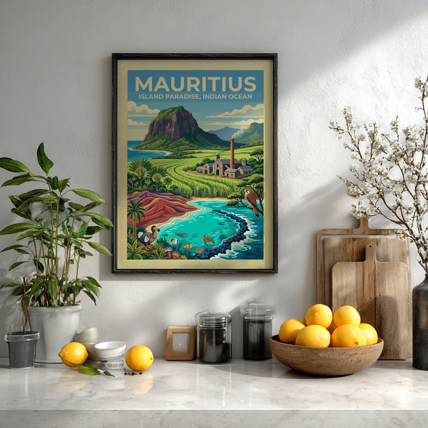 Travel poster of Mauritius featuring a mountain, sugarcane fields, dodo, and tropical ocean life.