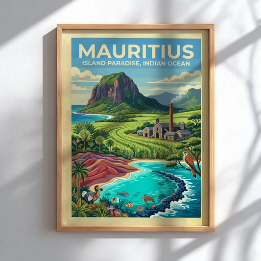 Travel poster of Mauritius featuring a mountain, sugarcane fields, dodo, and tropical ocean life.