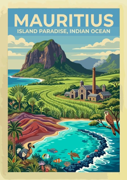 Travel poster of Mauritius featuring a mountain, sugarcane fields, dodo, and tropical ocean life.