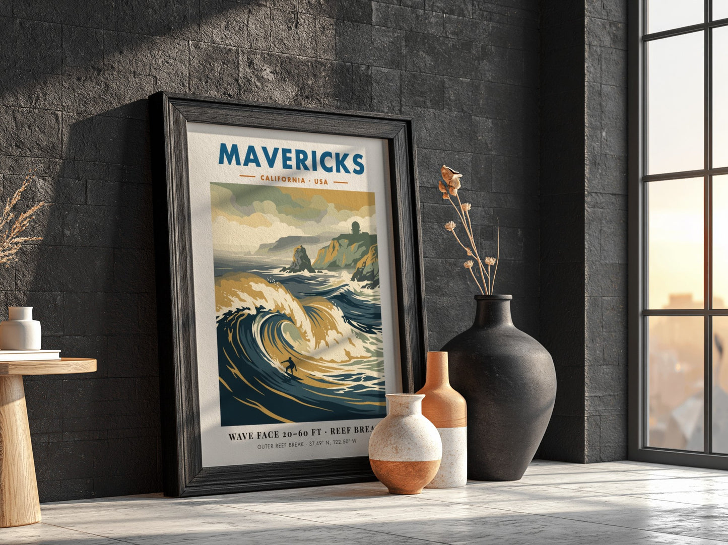 Mavericks surf break poster featuring large waves and a radar station on cliffs.