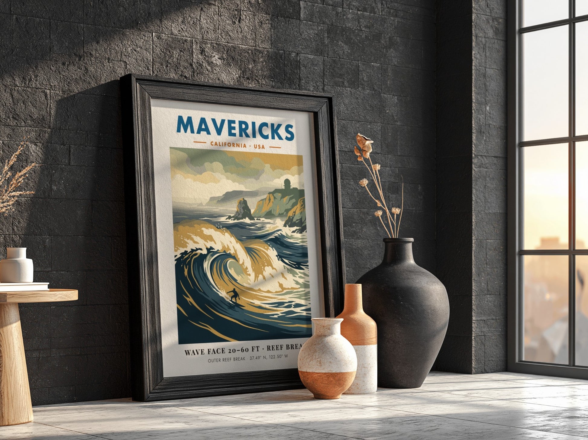 Mavericks surf break poster featuring large waves and a radar station on cliffs.