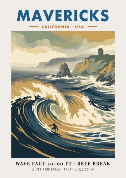 Mavericks surf break poster featuring large waves and a radar station on cliffs.