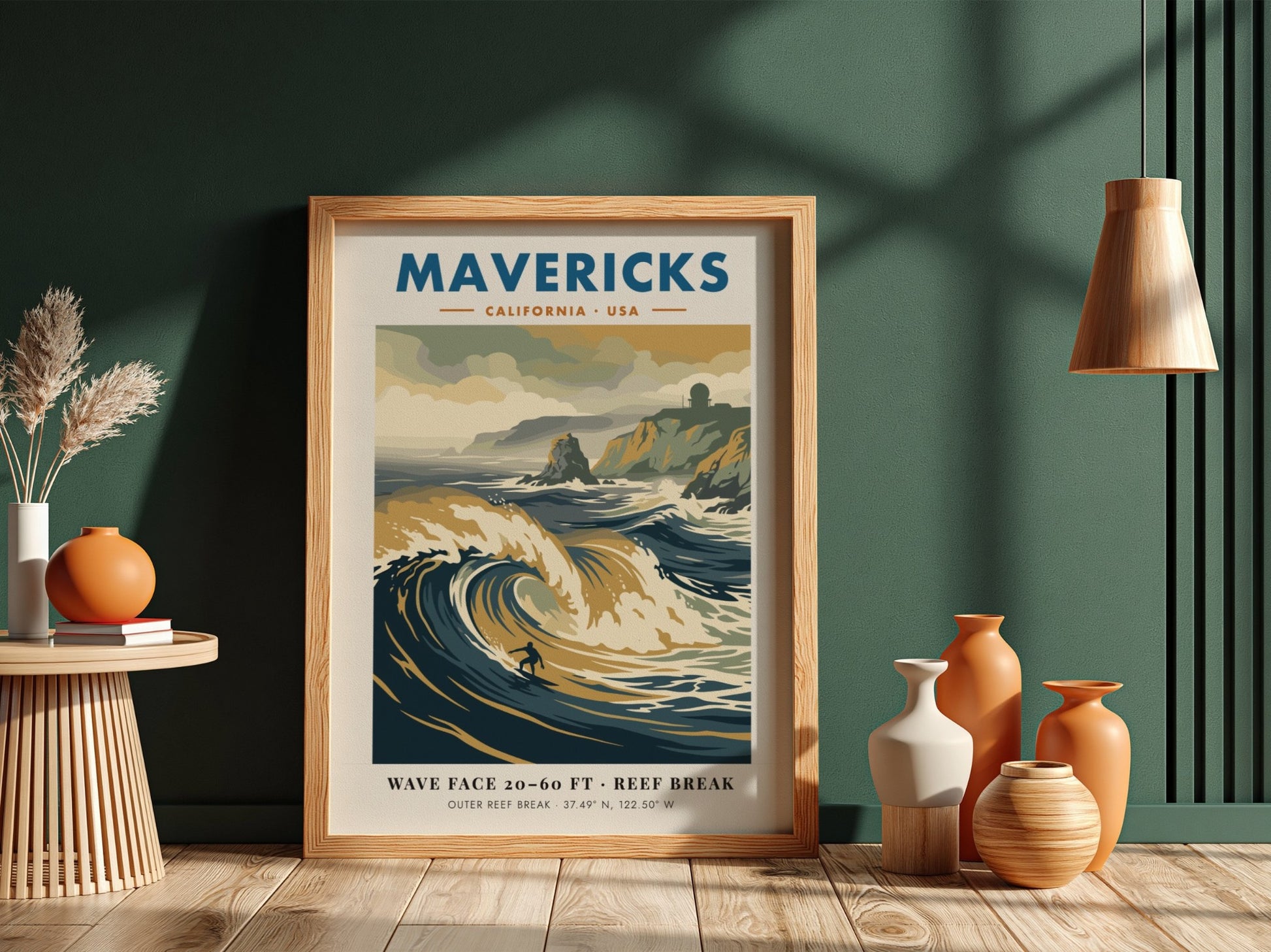 Mavericks surf break poster featuring large waves and a radar station on cliffs.