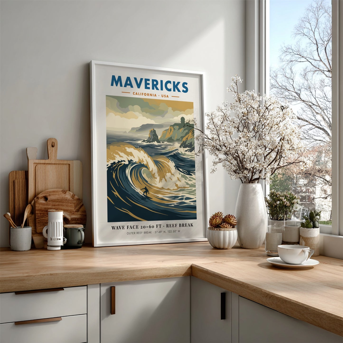 Mavericks surf break poster featuring large waves and a radar station on cliffs.