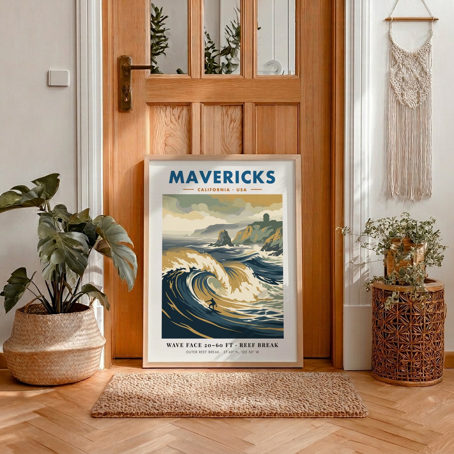 Mavericks surf break poster featuring large waves and a radar station on cliffs.