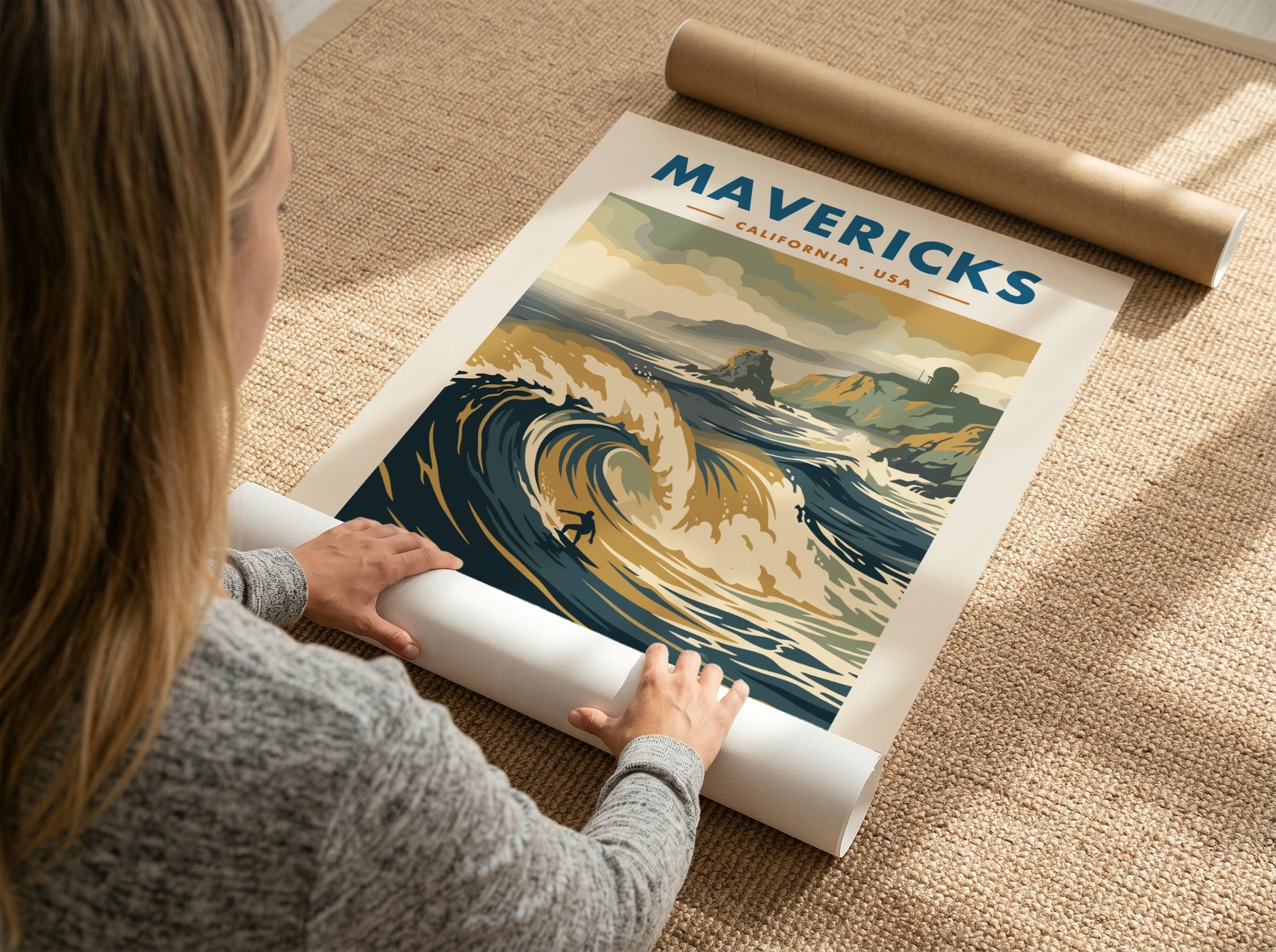 Mavericks surf break poster featuring large waves and a radar station on cliffs.
