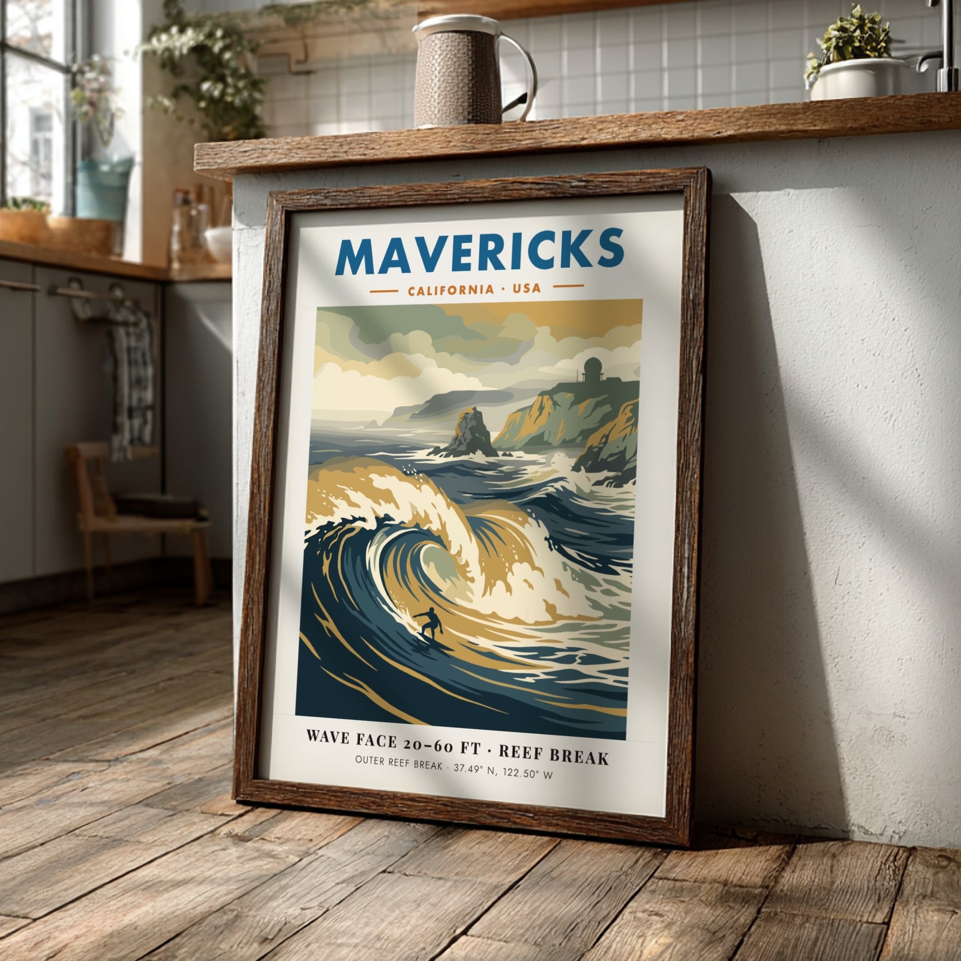 Mavericks surf break poster featuring large waves and a radar station on cliffs.