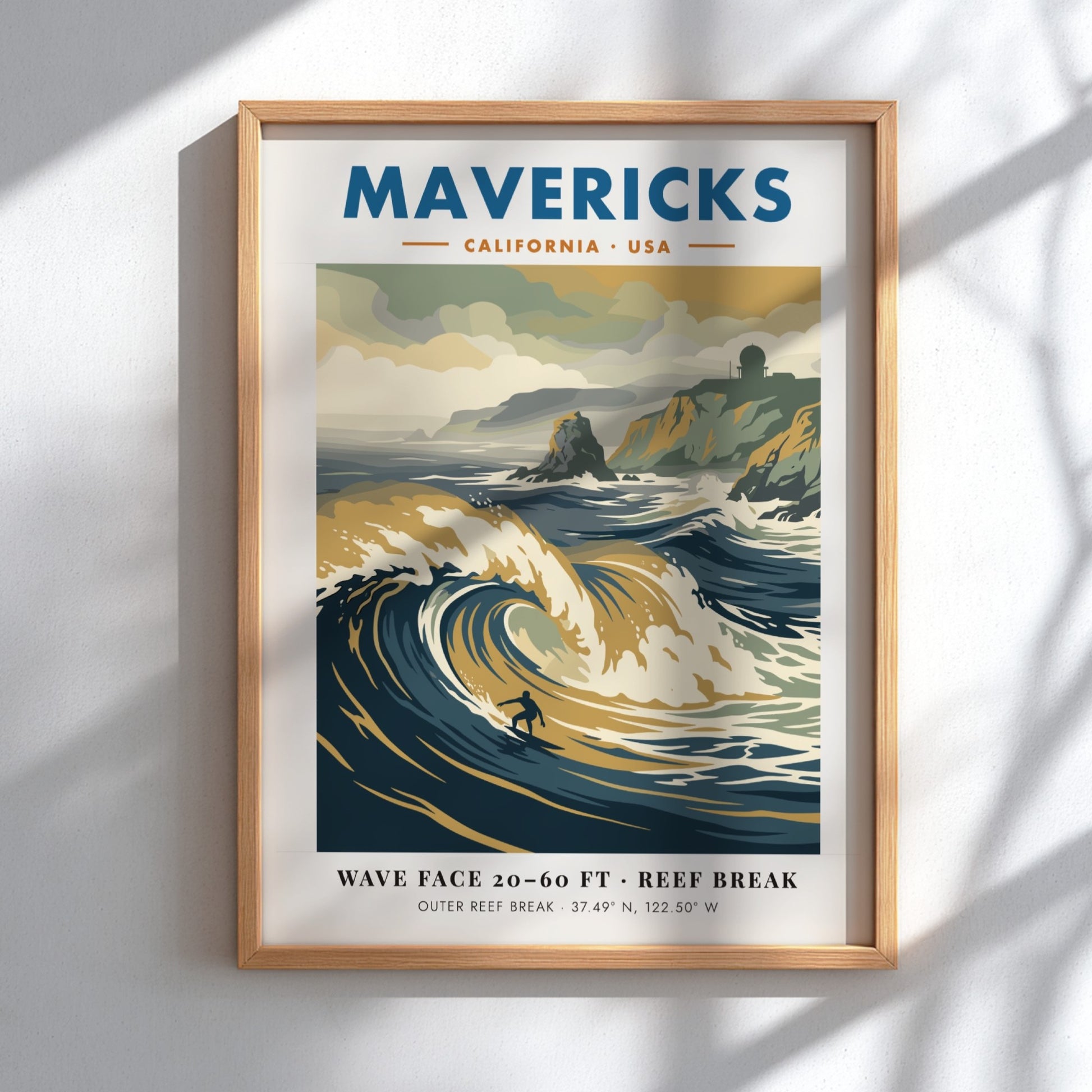 Mavericks surf break poster featuring large waves and a radar station on cliffs.