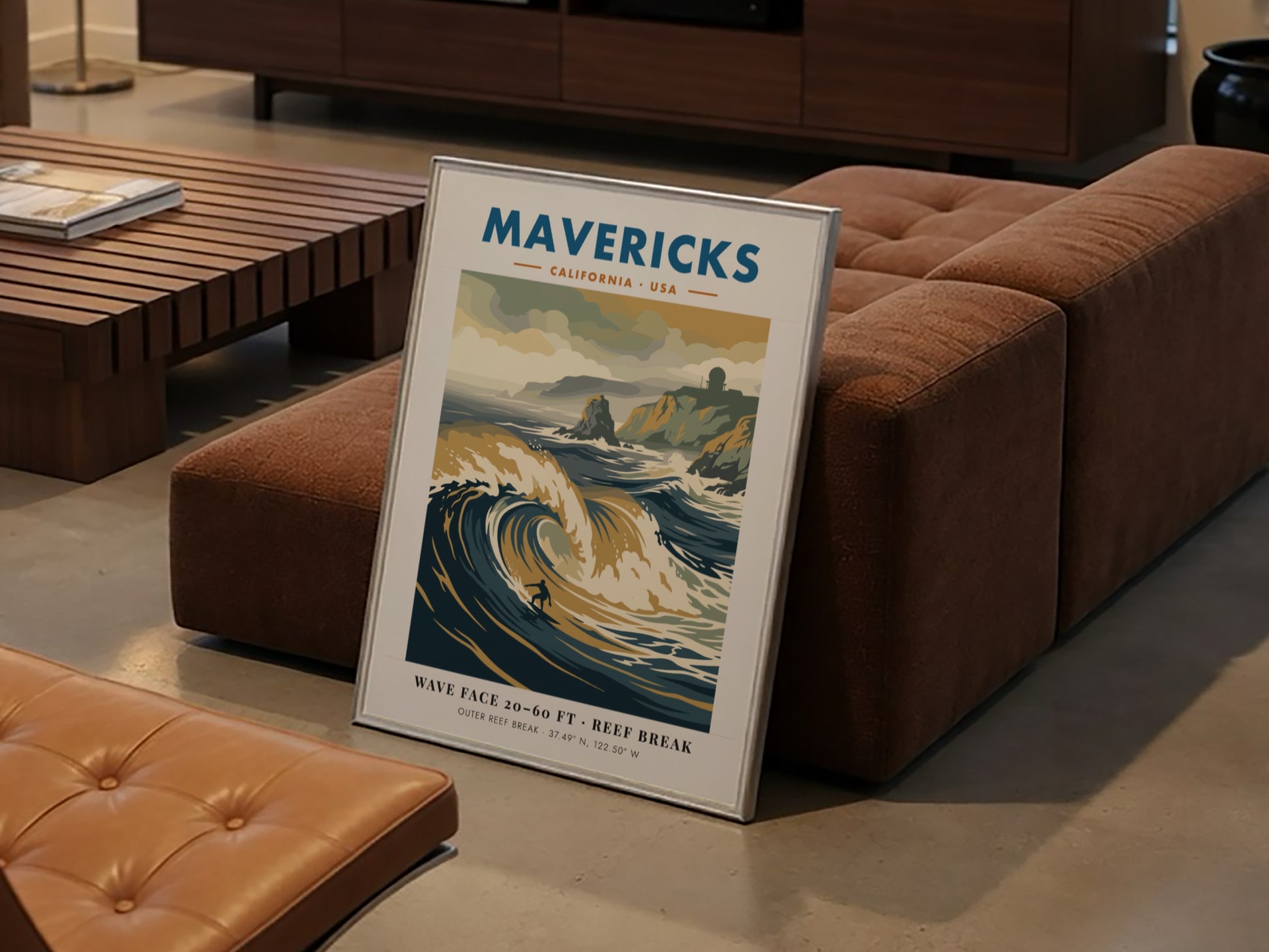 Mavericks surf break poster featuring large waves and a radar station on cliffs.