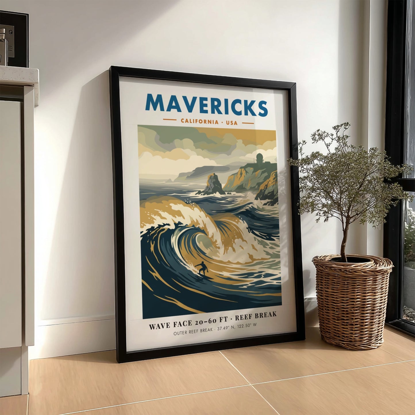 Mavericks surf break poster featuring large waves and a radar station on cliffs.