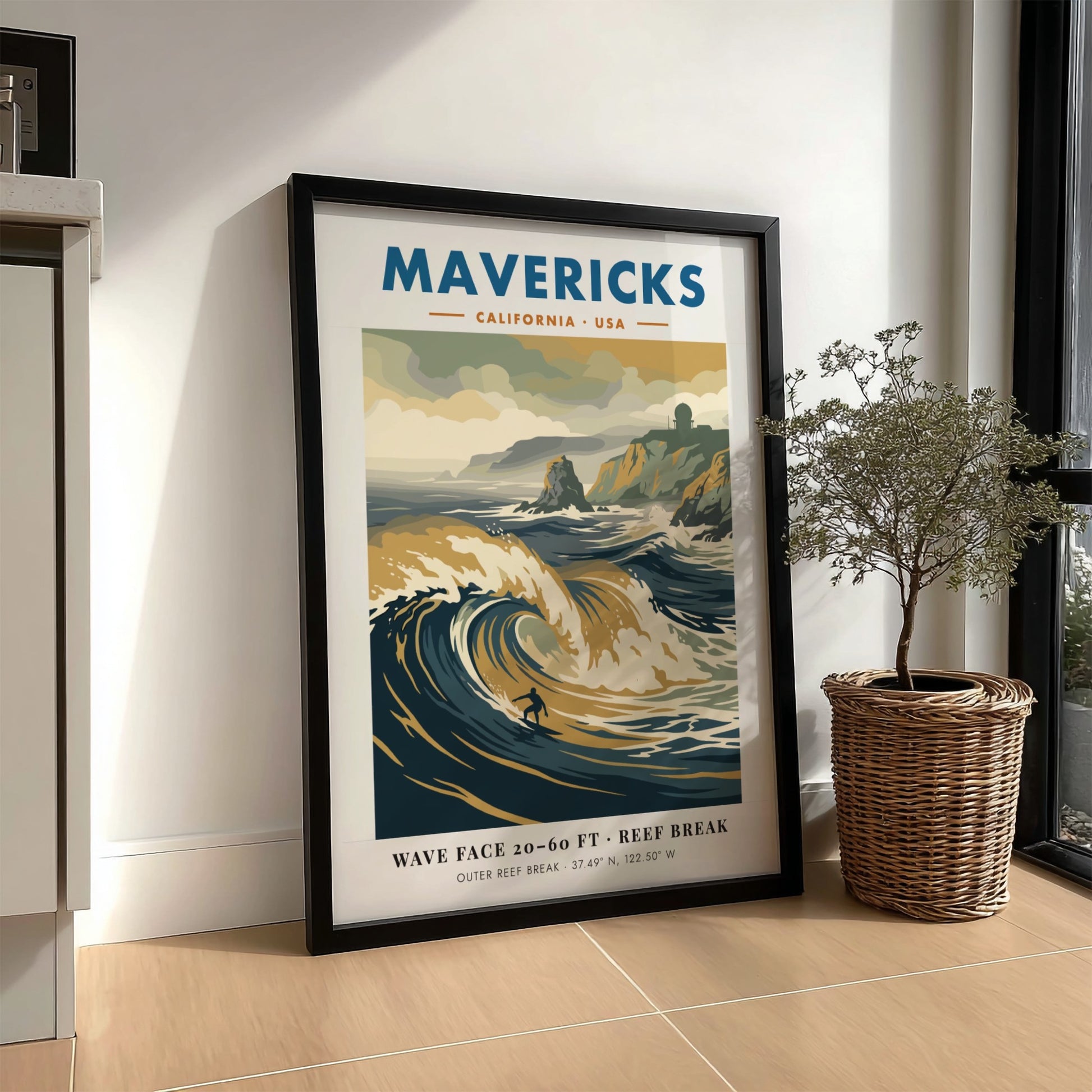 Mavericks surf break poster featuring large waves and a radar station on cliffs.