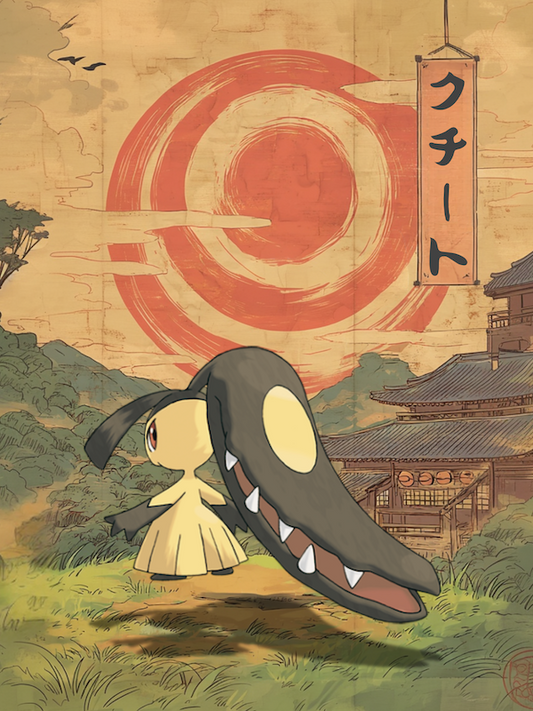 Mawile, Pokemon character with large creature foot in a traditional Japanese setting