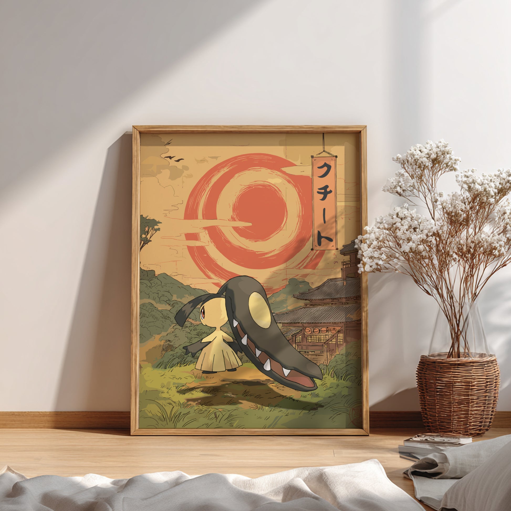 Framed Pokemon artwork with a stylized character and red sun design on a wall.